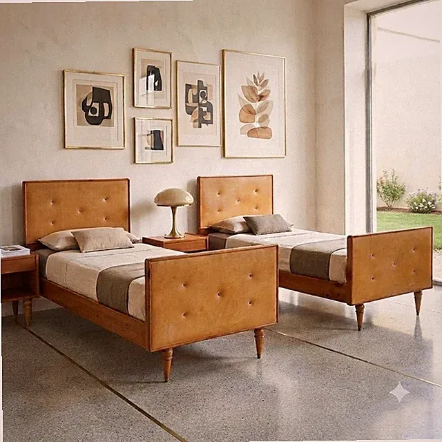 Vintage Betten Holz Kunstleder Design Italien der 60er Jahre Originell