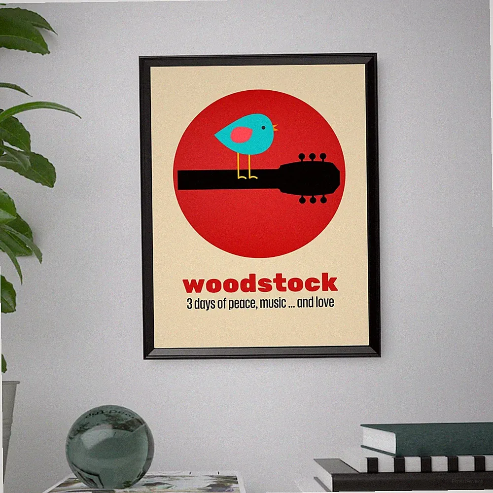 Vintage Gemälde mit Druck "Woodstock" - Musik Illustration mit Rahmen 40x30