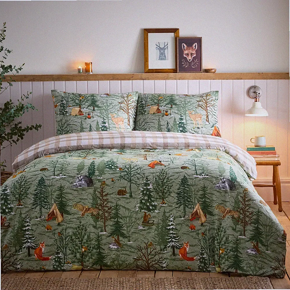 Vintage Wendebettwäsche grün Waldmuster 100 % Baumwolle "Lodge Wood"