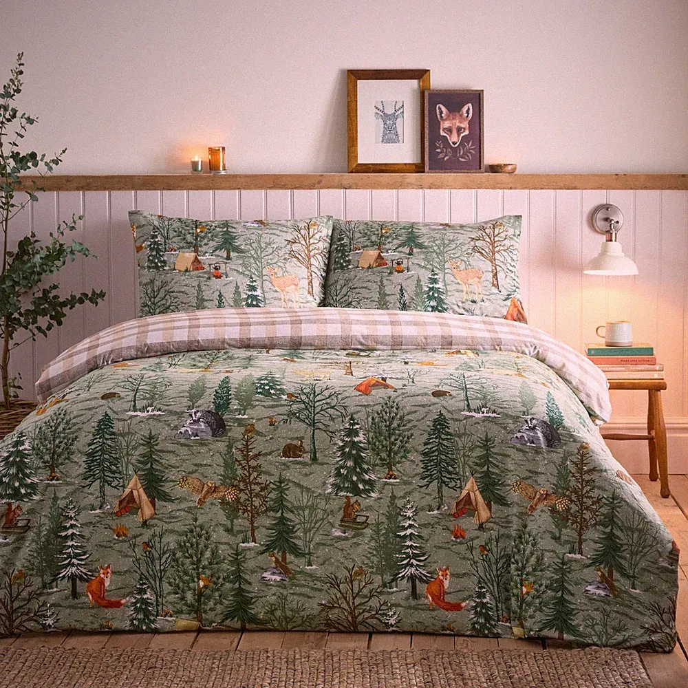 Vintage Wendebettwäsche grün Waldmuster 100 % Baumwolle "Lodge Wood"