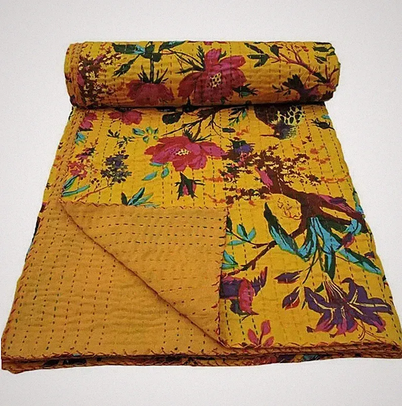 Vogelmuster Kantha Quilt Baumwolle Indische Tagesdecke Handarbeit Bettwäsche...