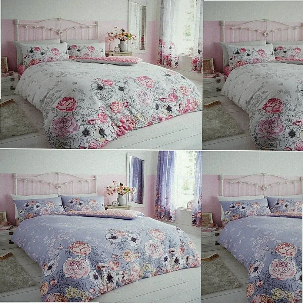 VOILET Landhaus Bettdecke Steppbezug Kissenbezug Polycotton Wende Blumen Bettwäsche
