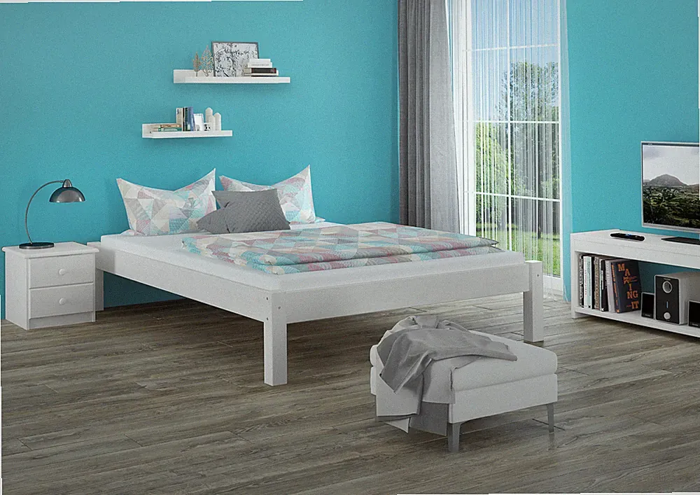 Weißes Bettgestell Kiefer Doppelbett 140x200, Massivholzbett Zubehör wählbar