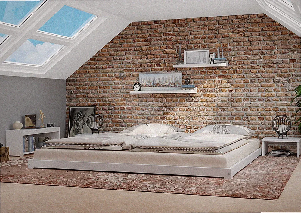 Weißes Ehebett 180x200 Kiefer massiv extra flaches Futonbett Japanisches Bett
