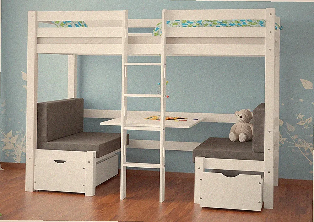 Weißes Hochbett Sitzbank und Tisch, Kinderhochbett, Kinderetagenbett 90x200 cm