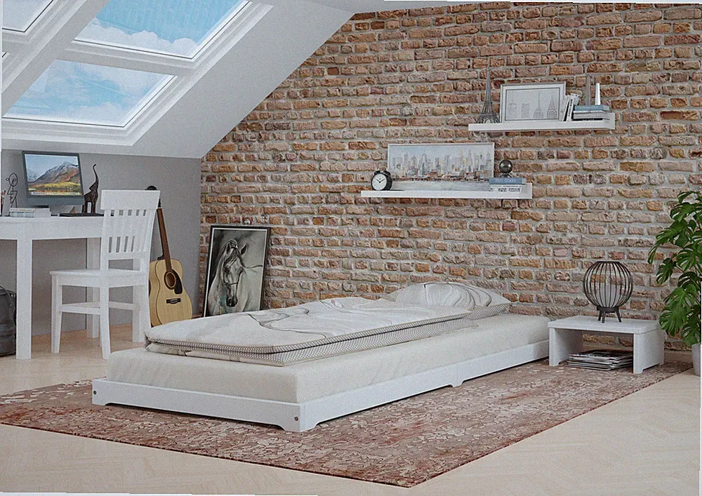 Weißes Massivholzbett Futonbett extra niedrig in Überlänge 100x220 Kiefer