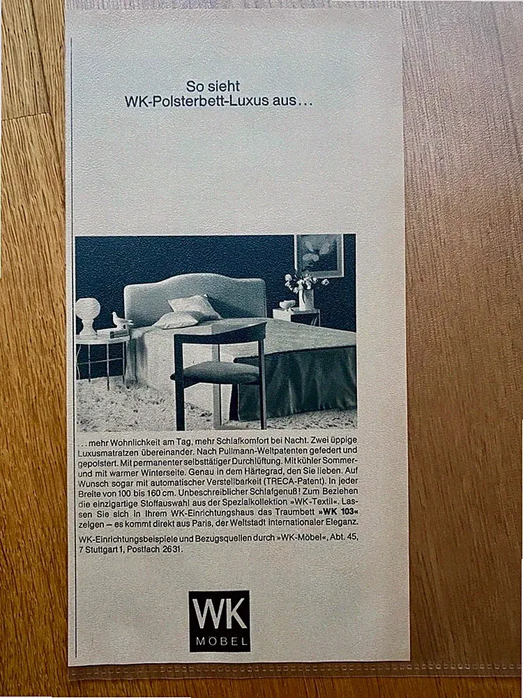 WK Möbel Polsterbett Luxus 70s retro Stuttgart 1971 Vintage Ad Werbung Reklame