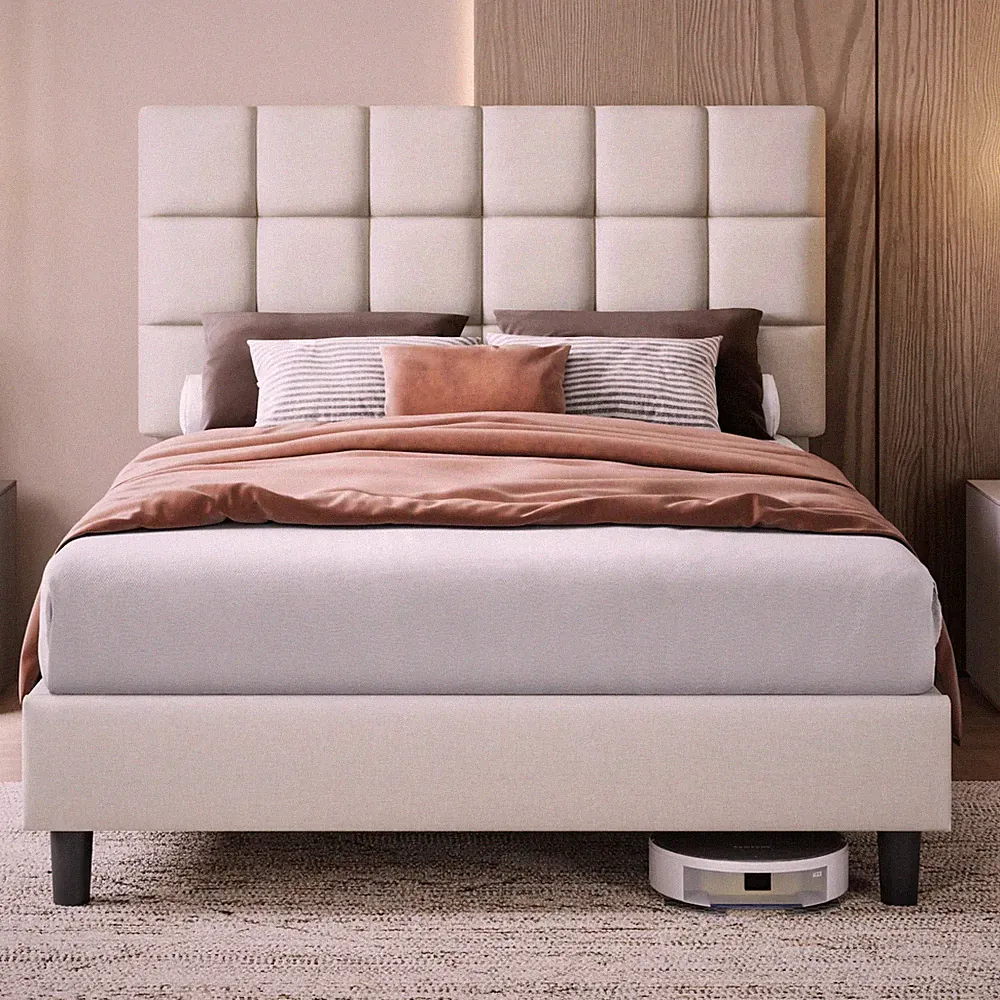 Yaheetech 4 Fuß 6 Doppelbettgestell, gepolstertes Kopfteil, beige