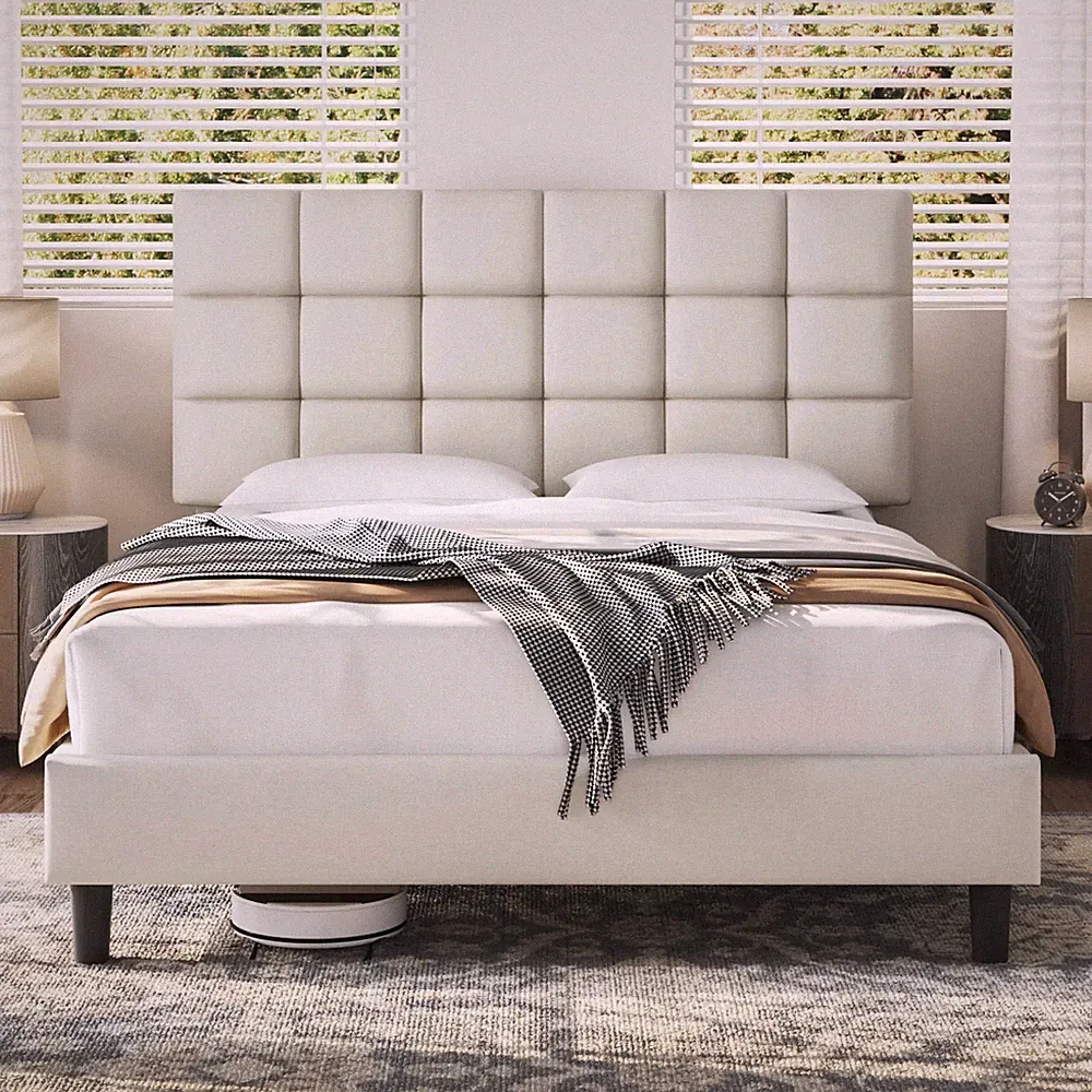 Yaheetech 5 Fuß Kingsize-Bettgestell, gepolstertes Kopfteil, beige