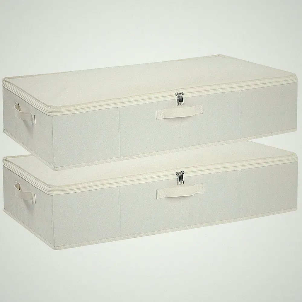 YheenLf Beige Unterbett Aufbewahrungsboxen mit Deckel, 2er Pack, 60×30×15 cm