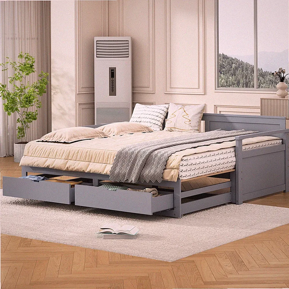 Zwei in Eins Tagesbett 90(180)x190 Grau mit Kiefernbett Schubladen Ausziehbett